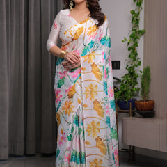 White Satin Georgette Lotus Floral Printed Saree with Attached Blouse – Elegant Watercolor Designer Saree for Festive & Graceful Occasions