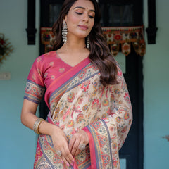 Ivory Pink Handloom Cotton Saree with Floral Print & Traditional Peacock Arch Pallu