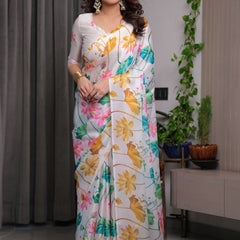 White Satin Georgette Lotus Floral Printed Saree with Attached Blouse – Elegant Watercolor Designer Saree for Festive & Graceful Occasions