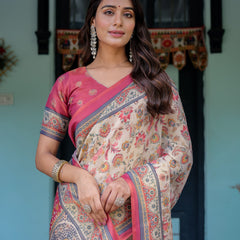 Ivory Pink Handloom Cotton Saree with Floral Print & Traditional Peacock Arch Pallu