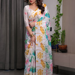 White Satin Georgette Lotus Floral Printed Saree with Attached Blouse – Elegant Watercolor Designer Saree for Festive & Graceful Occasions