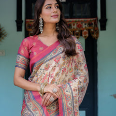 Ivory Pink Handloom Cotton Saree with Floral Print & Traditional Peacock Arch Pallu