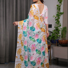 White Satin Georgette Lotus Floral Printed Saree with Attached Blouse – Elegant Watercolor Designer Saree for Festive & Graceful Occasions