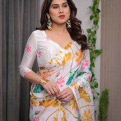 White Satin Georgette Lotus Floral Printed Saree with Attached Blouse – Elegant Watercolor Designer Saree for Festive & Graceful Occasions