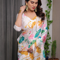 White Satin Georgette Lotus Floral Printed Saree with Attached Blouse – Elegant Watercolor Designer Saree for Festive & Graceful Occasions
