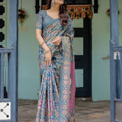 Dusty Blue Handloom Cotton Saree with Floral Print & Pink Cow Lotus Motif Pallu