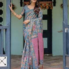 Dusty Blue Handloom Cotton Saree with Floral Print & Pink Cow Lotus Motif Pallu