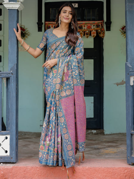 Dusty Blue Handloom Cotton Saree with Floral Print & Pink Cow Lotus Motif Pallu