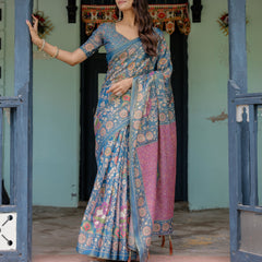 Dusty Blue Handloom Cotton Saree with Floral Print & Pink Cow Lotus Motif Pallu