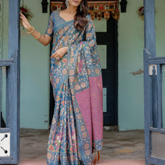 Dusty Blue Handloom Cotton Saree with Floral Print & Pink Cow Lotus Motif Pallu