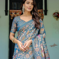 Dusty Blue Handloom Cotton Saree with Floral Print & Pink Cow Lotus Motif Pallu