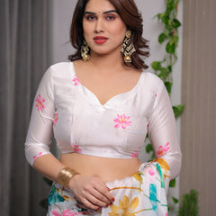 White Satin Georgette Lotus Floral Printed Saree with Attached Blouse – Elegant Watercolor Designer Saree for Festive & Graceful Occasions