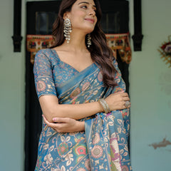 Dusty Blue Handloom Cotton Saree with Floral Print & Pink Cow Lotus Motif Pallu