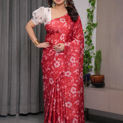 Red Satin Georgette Floral Printed Saree with Attached Blouse – Elegant Soft-Flow Designer Saree for Parties & Festive Wear