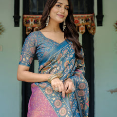 Dusty Blue Handloom Cotton Saree with Floral Print & Pink Cow Lotus Motif Pallu