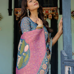 Dusty Blue Handloom Cotton Saree with Floral Print & Pink Cow Lotus Motif Pallu