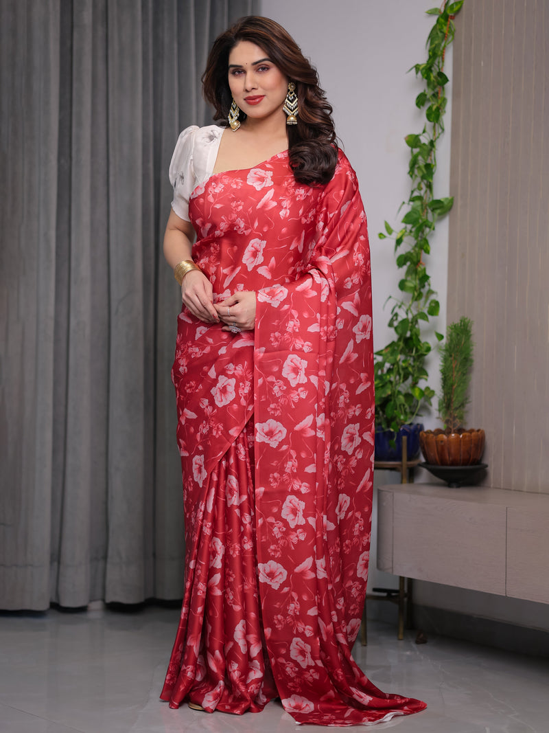 Red Satin Georgette Floral Printed Saree with Attached Blouse – Elegant Soft-Flow Designer Saree for Parties & Festive Wear