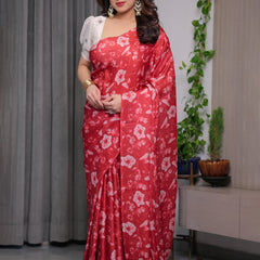 Red Satin Georgette Floral Printed Saree with Attached Blouse – Elegant Soft-Flow Designer Saree for Parties & Festive Wear