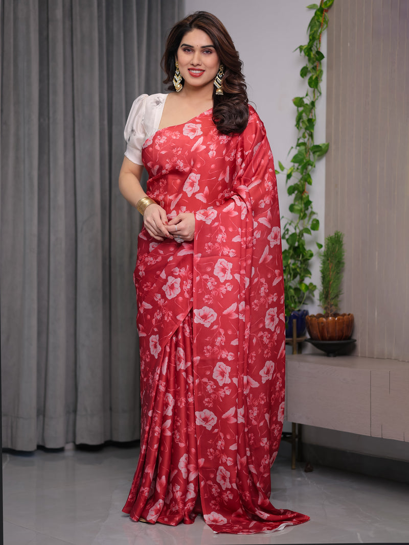 Red Satin Georgette Floral Printed Saree with Attached Blouse – Elegant Soft-Flow Designer Saree for Parties & Festive Wear