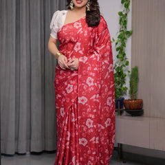 Red Satin Georgette Floral Printed Saree with Attached Blouse – Elegant Soft-Flow Designer Saree for Parties & Festive Wear
