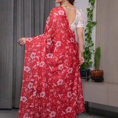 Red Satin Georgette Floral Printed Saree with Attached Blouse – Elegant Soft-Flow Designer Saree for Parties & Festive Wear