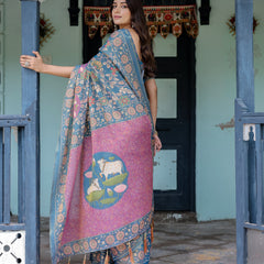 Dusty Blue Handloom Cotton Saree with Floral Print & Pink Cow Lotus Motif Pallu