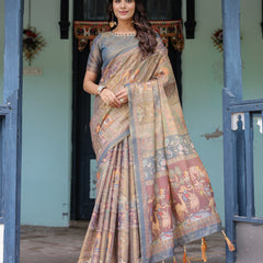Rust Beige Handloom Cotton Saree with Royal Animal Caravan & Scenic Village Pallu
