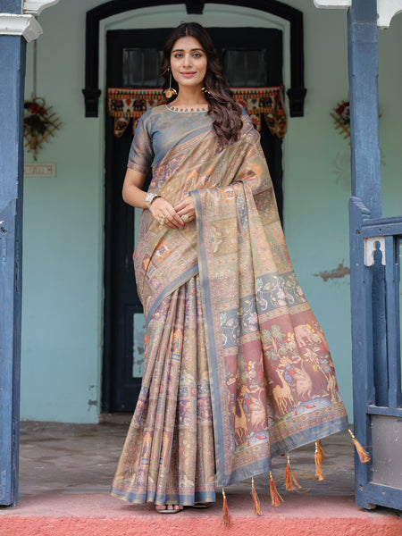 Rust Beige Handloom Cotton Saree with Royal Animal Caravan & Scenic Village Pallu
