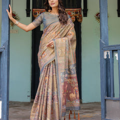 Rust Beige Handloom Cotton Saree with Royal Animal Caravan & Scenic Village Pallu