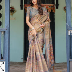 Rust Beige Handloom Cotton Saree with Royal Animal Caravan & Scenic Village Pallu