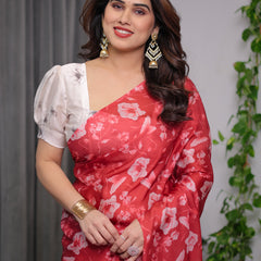 Red Satin Georgette Floral Printed Saree with Attached Blouse – Elegant Soft-Flow Designer Saree for Parties & Festive Wear