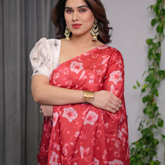 Red Satin Georgette Floral Printed Saree with Attached Blouse – Elegant Soft-Flow Designer Saree for Parties & Festive Wear