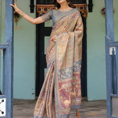 Rust Beige Handloom Cotton Saree with Royal Animal Caravan & Scenic Village Pallu