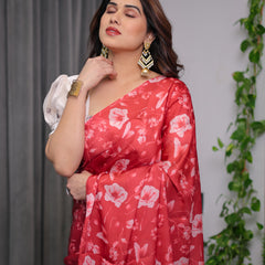Red Satin Georgette Floral Printed Saree with Attached Blouse – Elegant Soft-Flow Designer Saree for Parties & Festive Wear