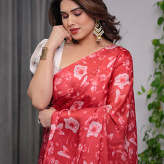 Red Satin Georgette Floral Printed Saree with Attached Blouse – Elegant Soft-Flow Designer Saree for Parties & Festive Wear