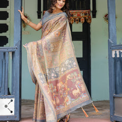 Rust Beige Handloom Cotton Saree with Royal Animal Caravan & Scenic Village Pallu