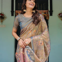 Rust Beige Handloom Cotton Saree with Royal Animal Caravan & Scenic Village Pallu