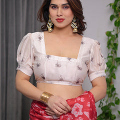 Red Satin Georgette Floral Printed Saree with Attached Blouse – Elegant Soft-Flow Designer Saree for Parties & Festive Wear