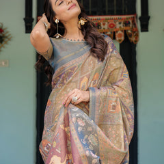 Rust Beige Handloom Cotton Saree with Royal Animal Caravan & Scenic Village Pallu