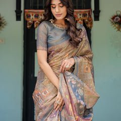 Rust Beige Handloom Cotton Saree with Royal Animal Caravan & Scenic Village Pallu