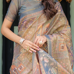 Rust Beige Handloom Cotton Saree with Royal Animal Caravan & Scenic Village Pallu