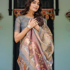 Rust Beige Handloom Cotton Saree with Royal Animal Caravan & Scenic Village Pallu