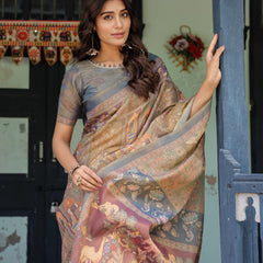 Rust Beige Handloom Cotton Saree with Royal Animal Caravan & Scenic Village Pallu