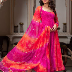 Bandhani Print Fancy Anarkali Suit Set – Pink & Orange | Festive Ethnic Wear for Women