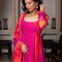 Bandhani Print Fancy Anarkali Suit Set – Pink & Orange | Festive Ethnic Wear for Women