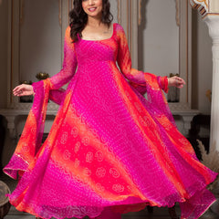 Bandhani Print Fancy Anarkali Suit Set – Pink & Orange | Festive Ethnic Wear for Women