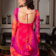 Bandhani Print Fancy Anarkali Suit Set – Pink & Orange | Festive Ethnic Wear for Women