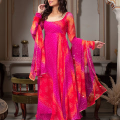 Bandhani Print Fancy Anarkali Suit Set – Pink & Orange | Festive Ethnic Wear for Women