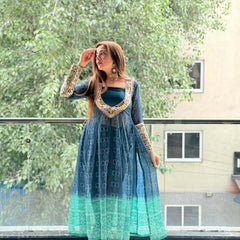 Ocean Bloom Georgette Kurti Set with Mirror Work | 3-Piece Festive Wear