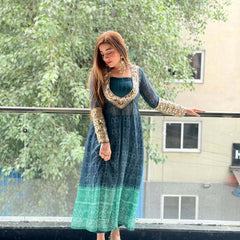 Ocean Bloom Georgette Kurti Set with Mirror Work | 3-Piece Festive Wear